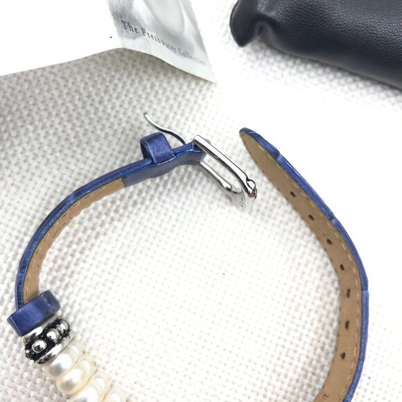 Vintage QVC Honora Double Row Pearl Blue Genuine Leather Buckle Bracelet - Picture 7 of 10